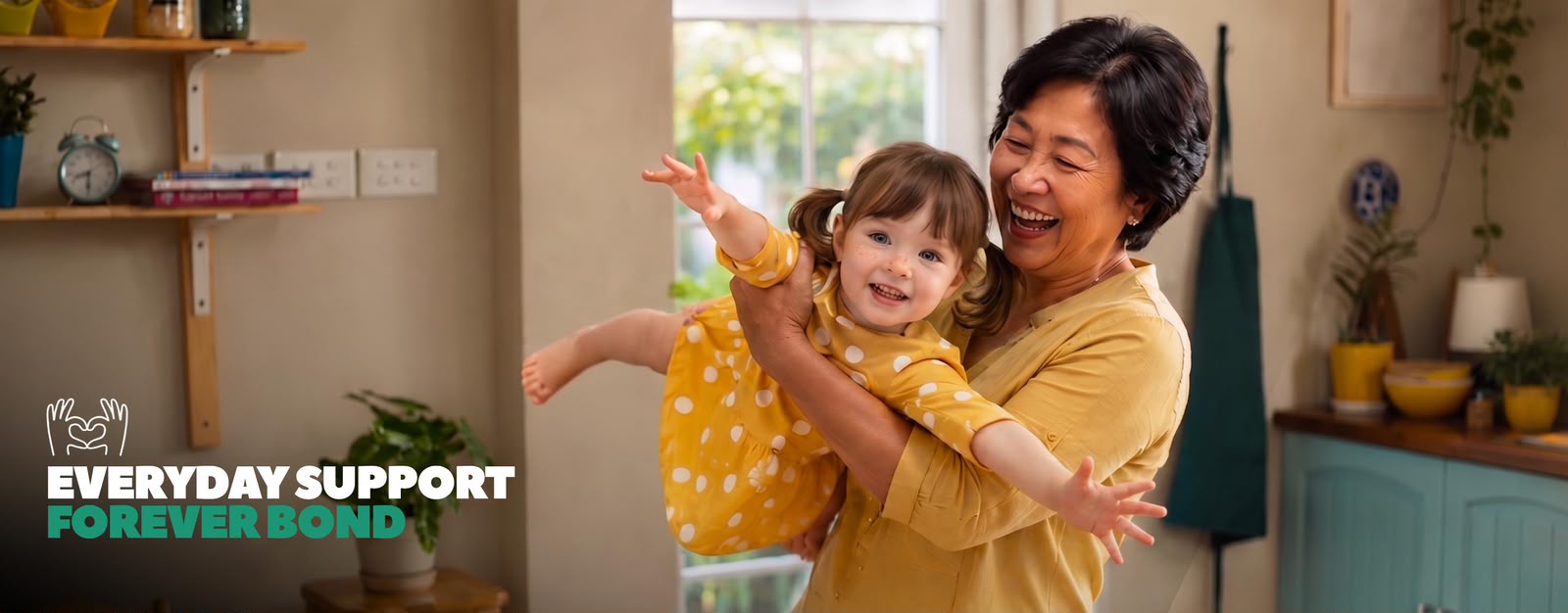 THREE » Home to UK Filipino nannies and housekeepers Smiling grandmother lifts a little girl in a yellow polka-dot dress in a cozy kitchen; overlay text reads 'Everyday Support Forever Bond'.