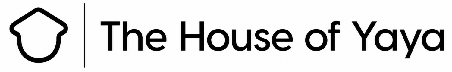 Logo: a black abstract house/shape icon to the left of the text 'The House of Yaya' in bold sans-serif font, on white background