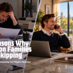 Split image: left shows a stressed man amid piles of paperwork; right shows a smiling man on a call in a bright home office with a city view.
