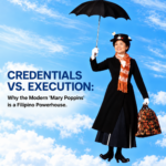 Cover image: a well-dressed Filipino woman in a black coat, scarf, hat, and white gloves holding an umbrella against a bright blue sky with clouds; the title reads 'CREDENTIALS VS. EXECUTION'.